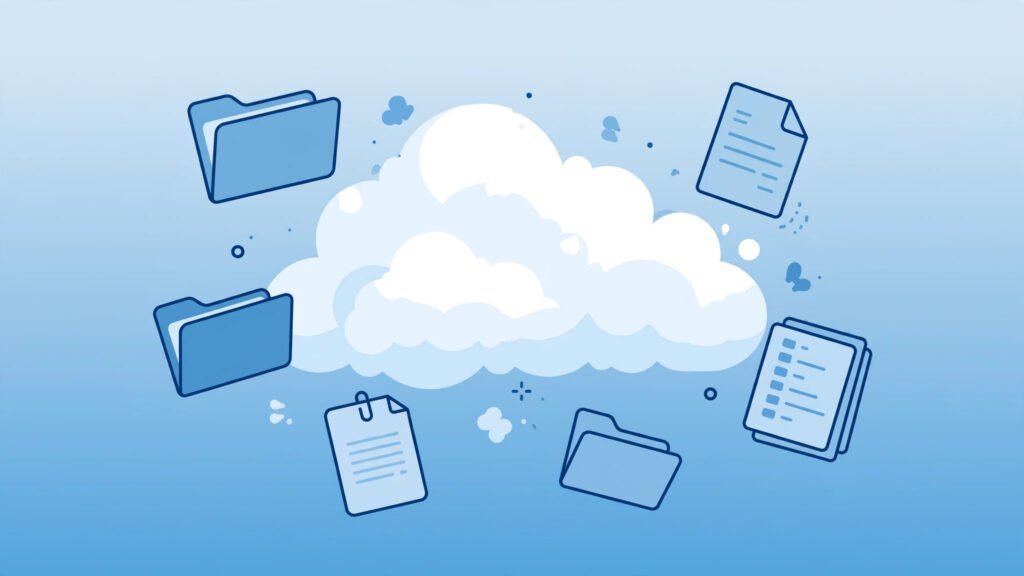 Illustration of cloud storage with files syncing to a cloud server