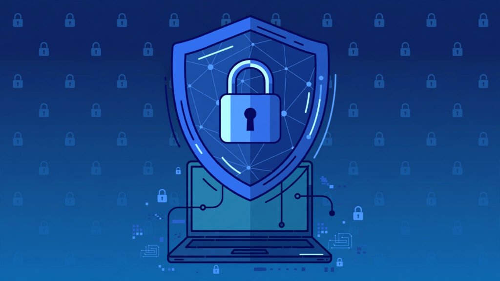 Online safety illustration with a shield, lock, and security icons