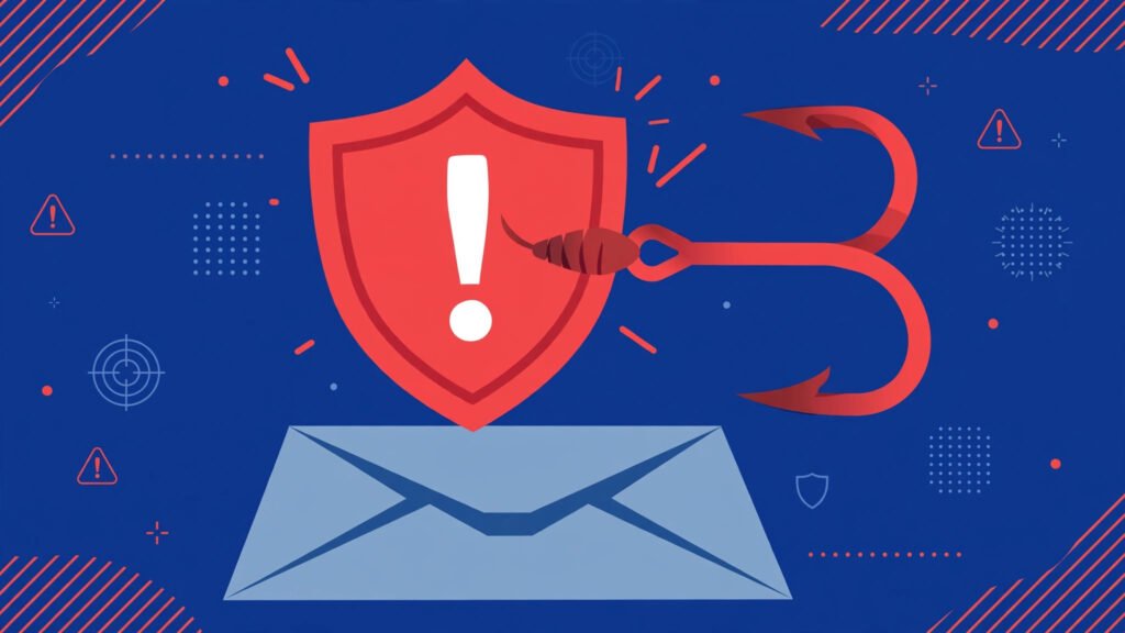 Illustration warning about common online scams, with phishing and fraud alert graphics