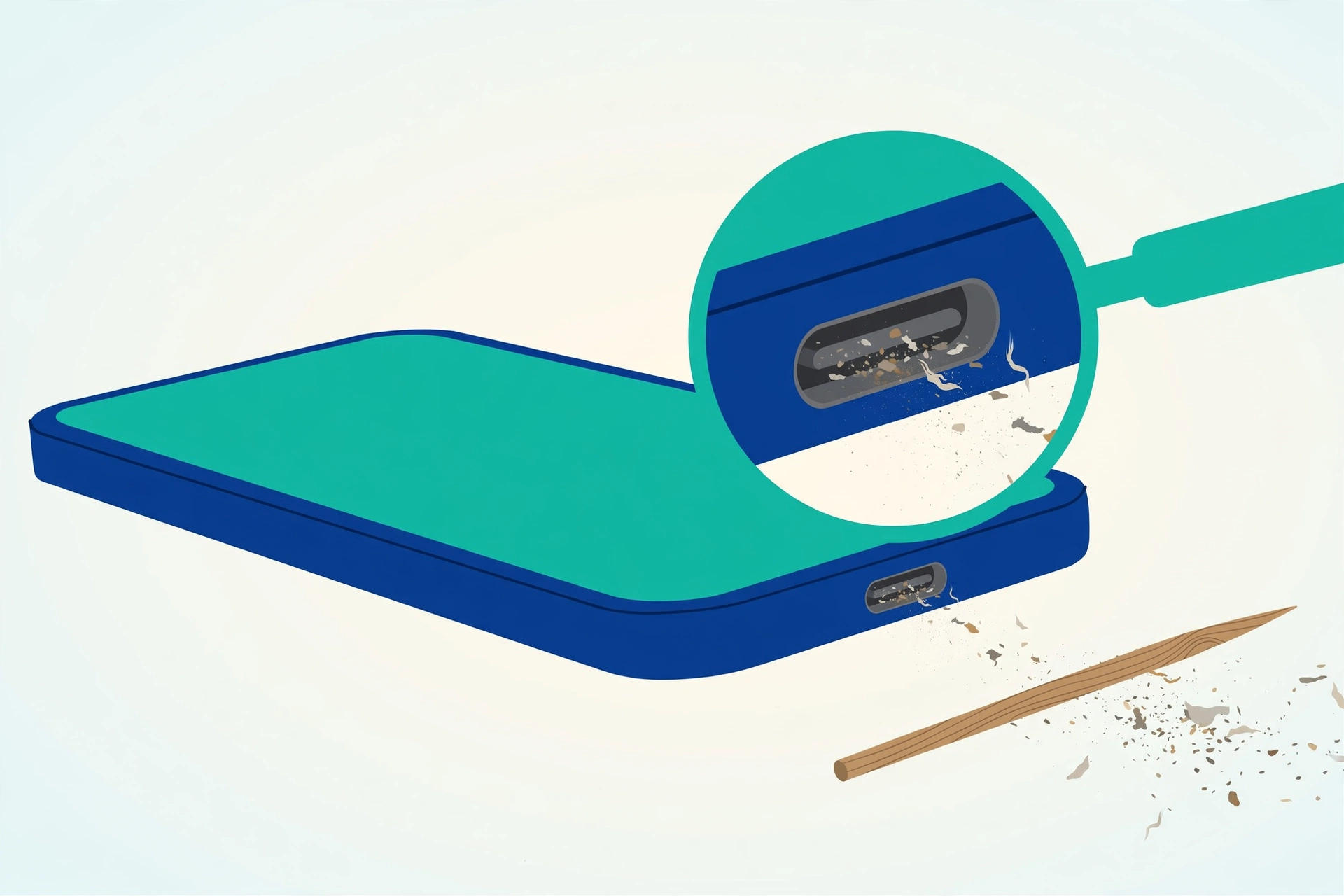 A close view of a phone charging port being cleaned gently with a small wooden toothpick