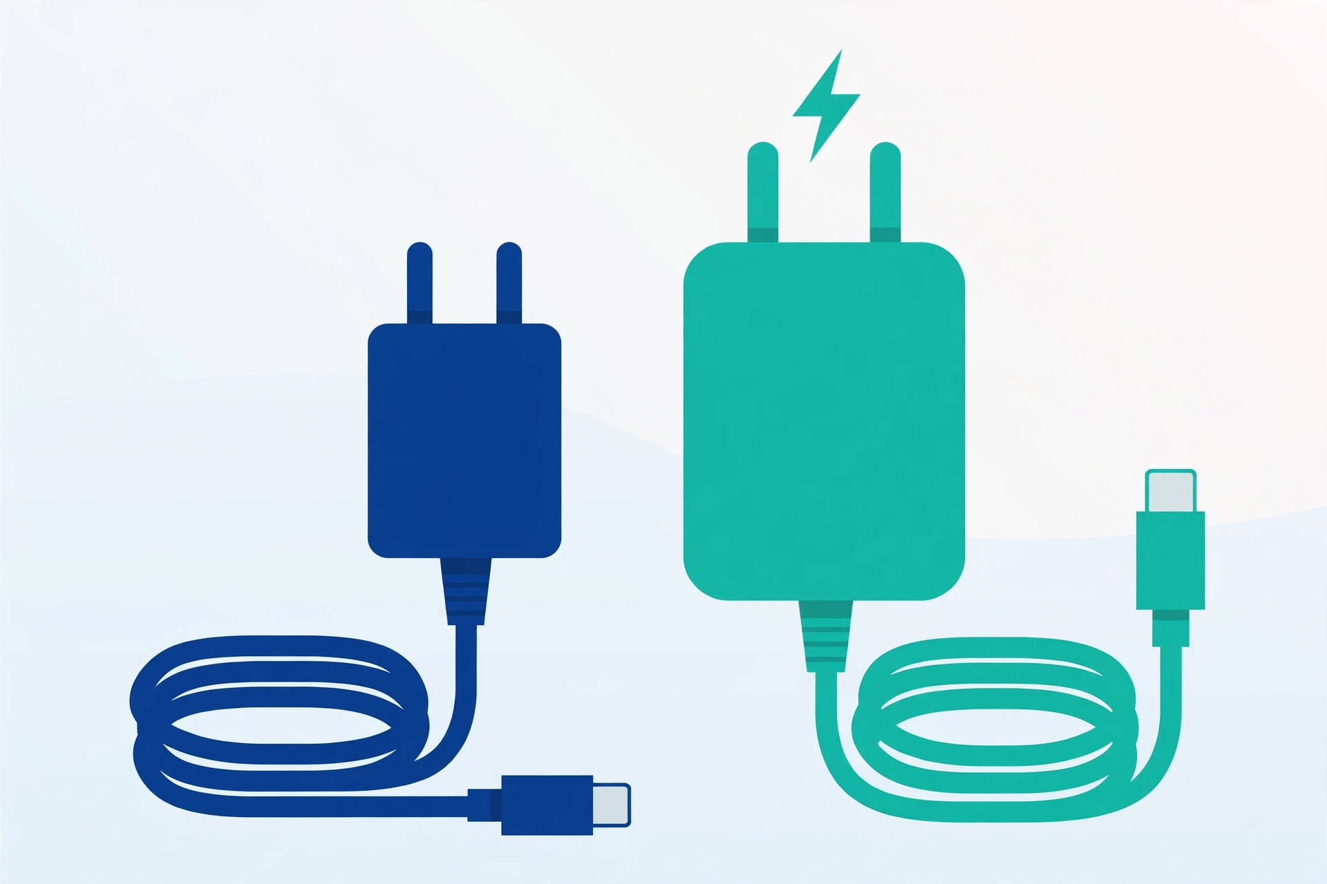 Two chargers side by side, an old weak one and a modern fast charger with a lightning symbol