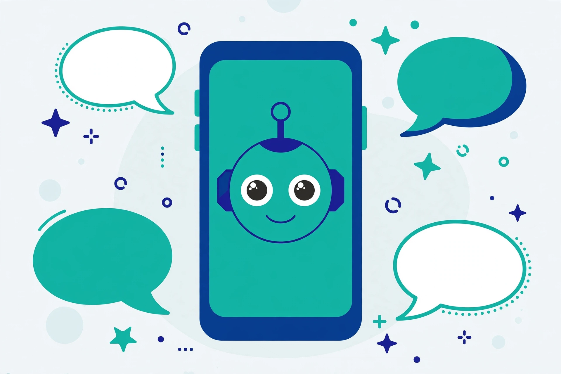 A friendly robot assistant on a phone screen answering questions with stars around it