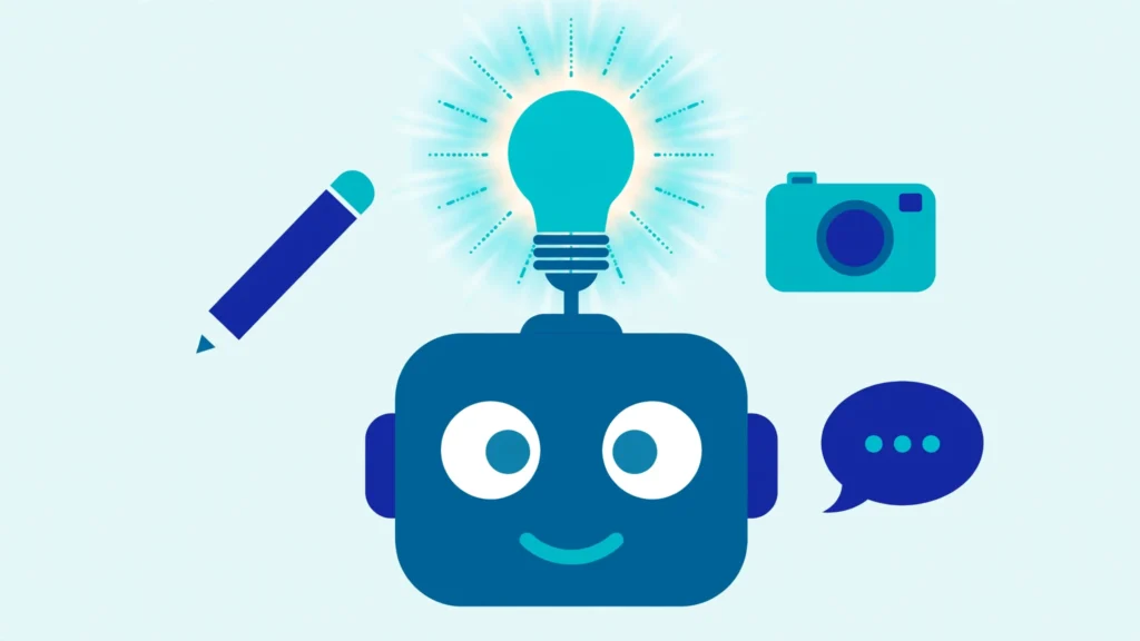 Illustration of a smartphone showing friendly AI robot tools