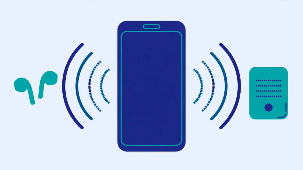 Illustration of a smartphone connecting wirelessly to earbuds and a speaker