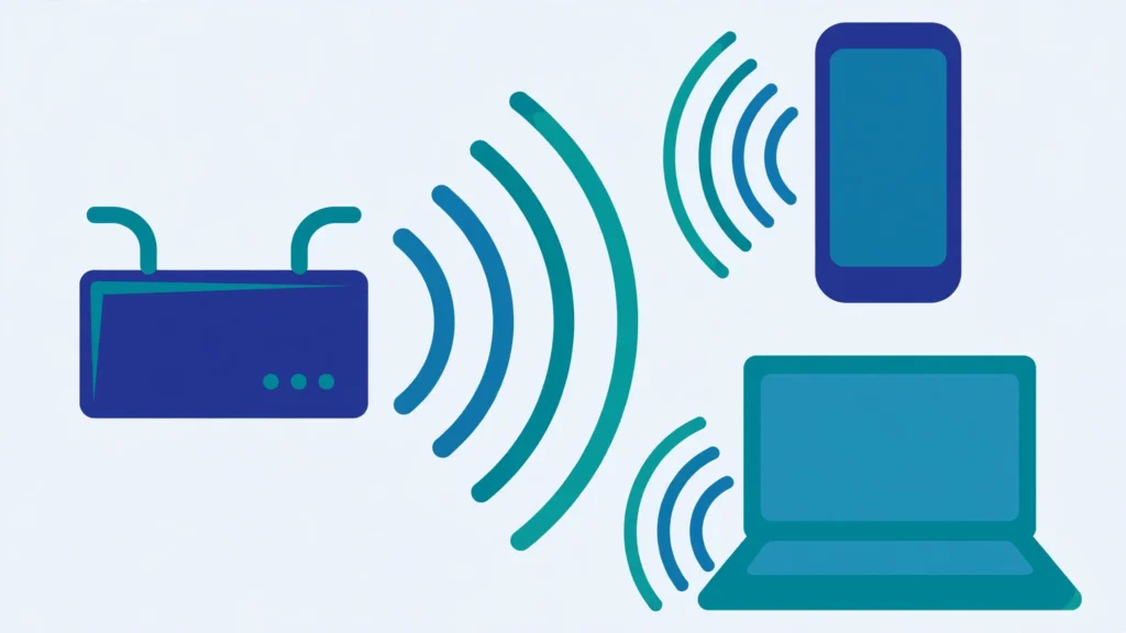 Illustration of a Wi-Fi router sending signals to a phone and laptop
