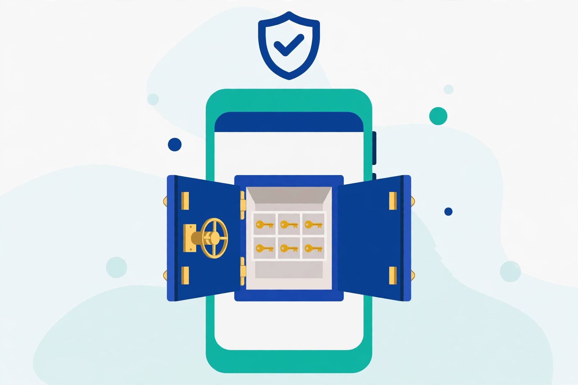 Illustration of a digital vault on a phone screen holding several small key icons, representing a password manager