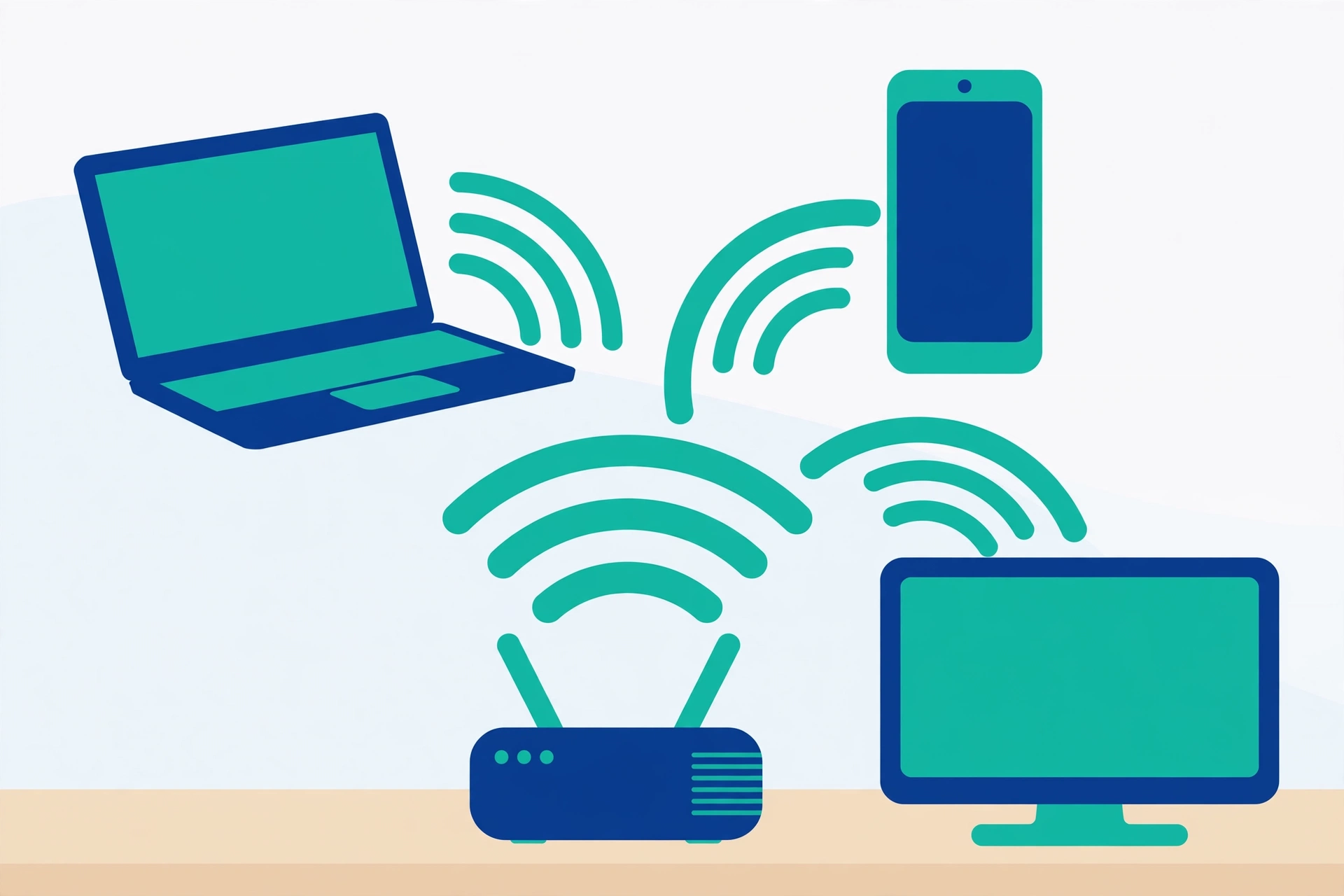 Illustration of a home router with radiating Wi-Fi signal arcs reaching a phone, a laptop and a smart TV
