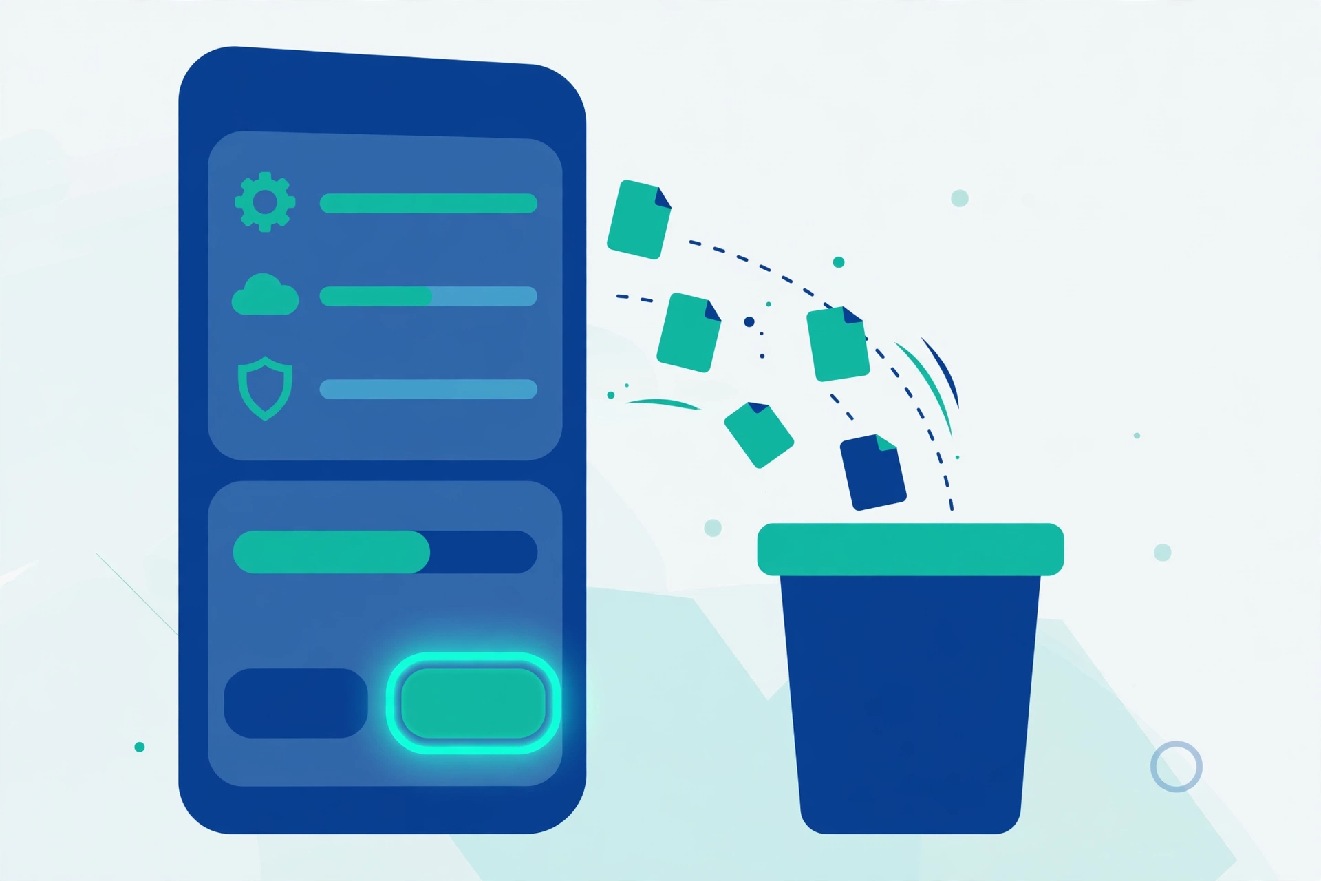 Illustration of a smartphone settings screen with an app storage page and a button highlighted for clearing cache