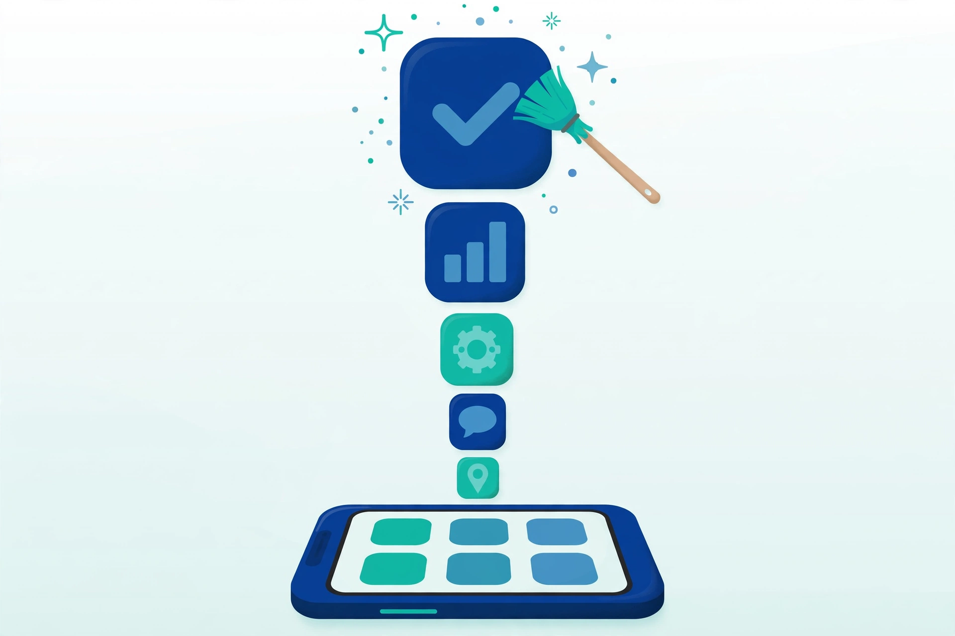 Illustration of five app icons of different sizes above a phone, with the largest icon being swept clean by a small broom