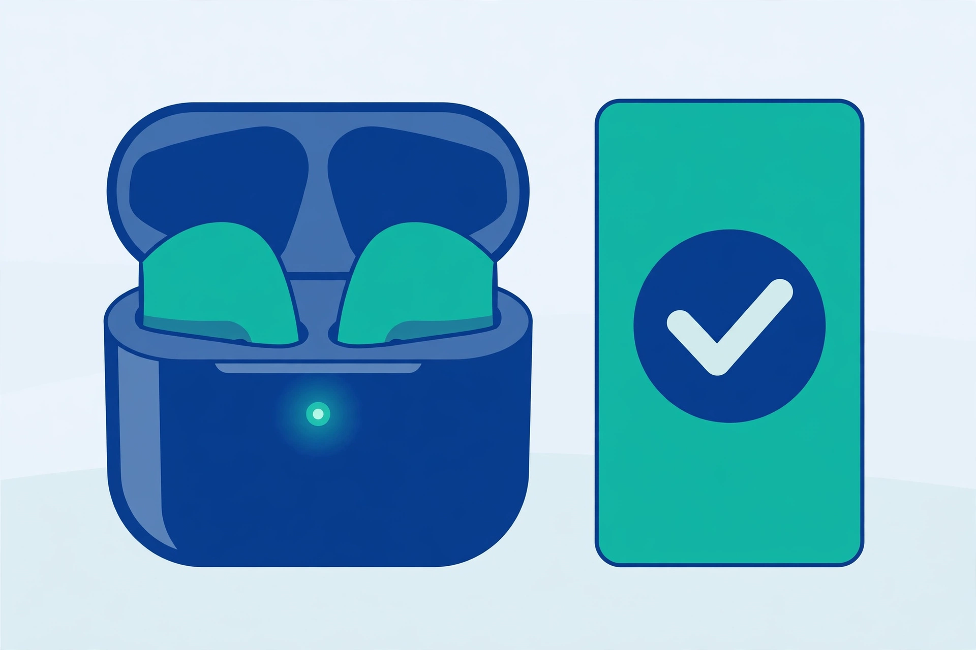 Illustration of wireless earbuds in an open charging case with a blinking light, next to a phone showing a connected status symbol