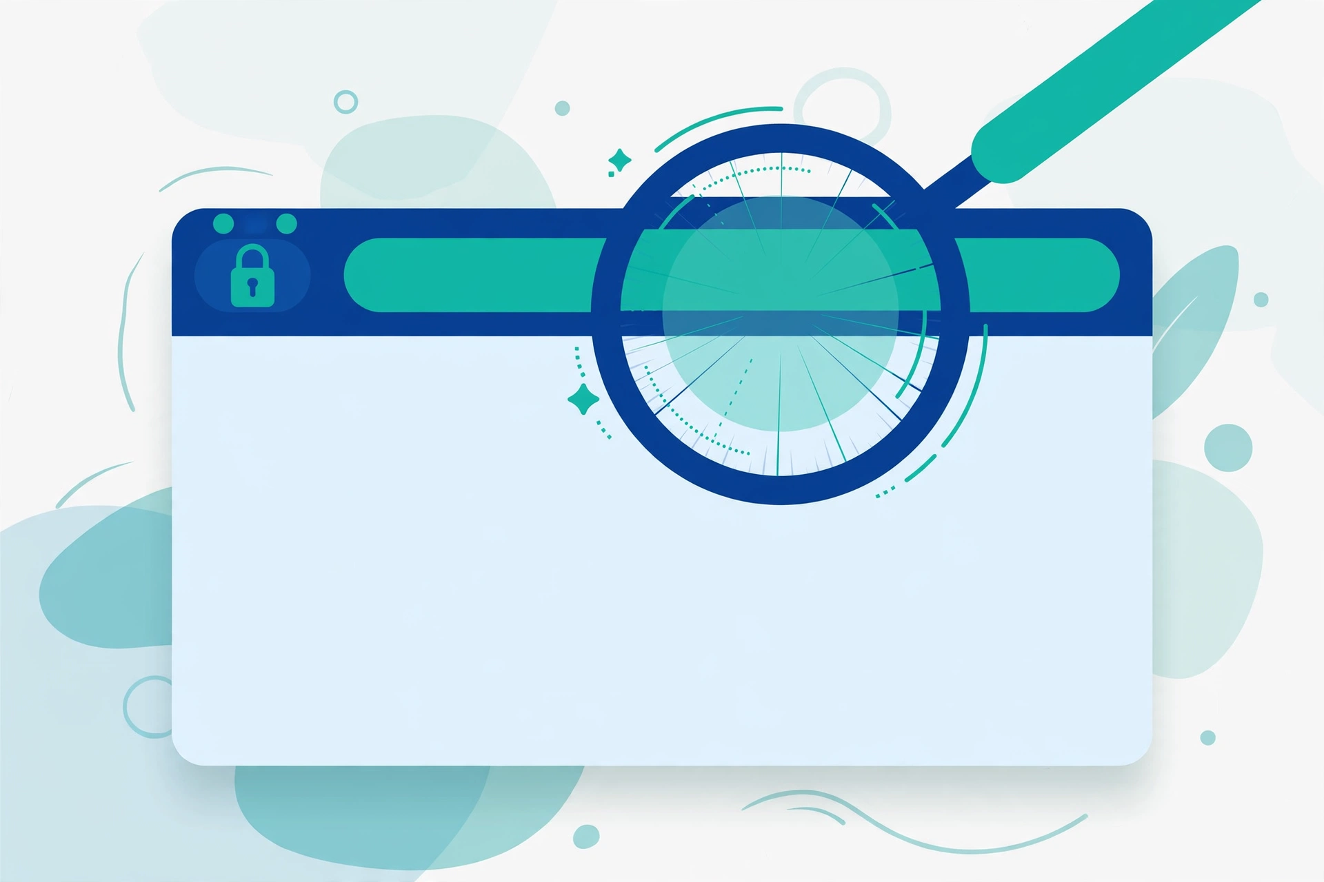 Illustration of a browser address bar with a padlock icon and a magnifying glass examining the web address closely