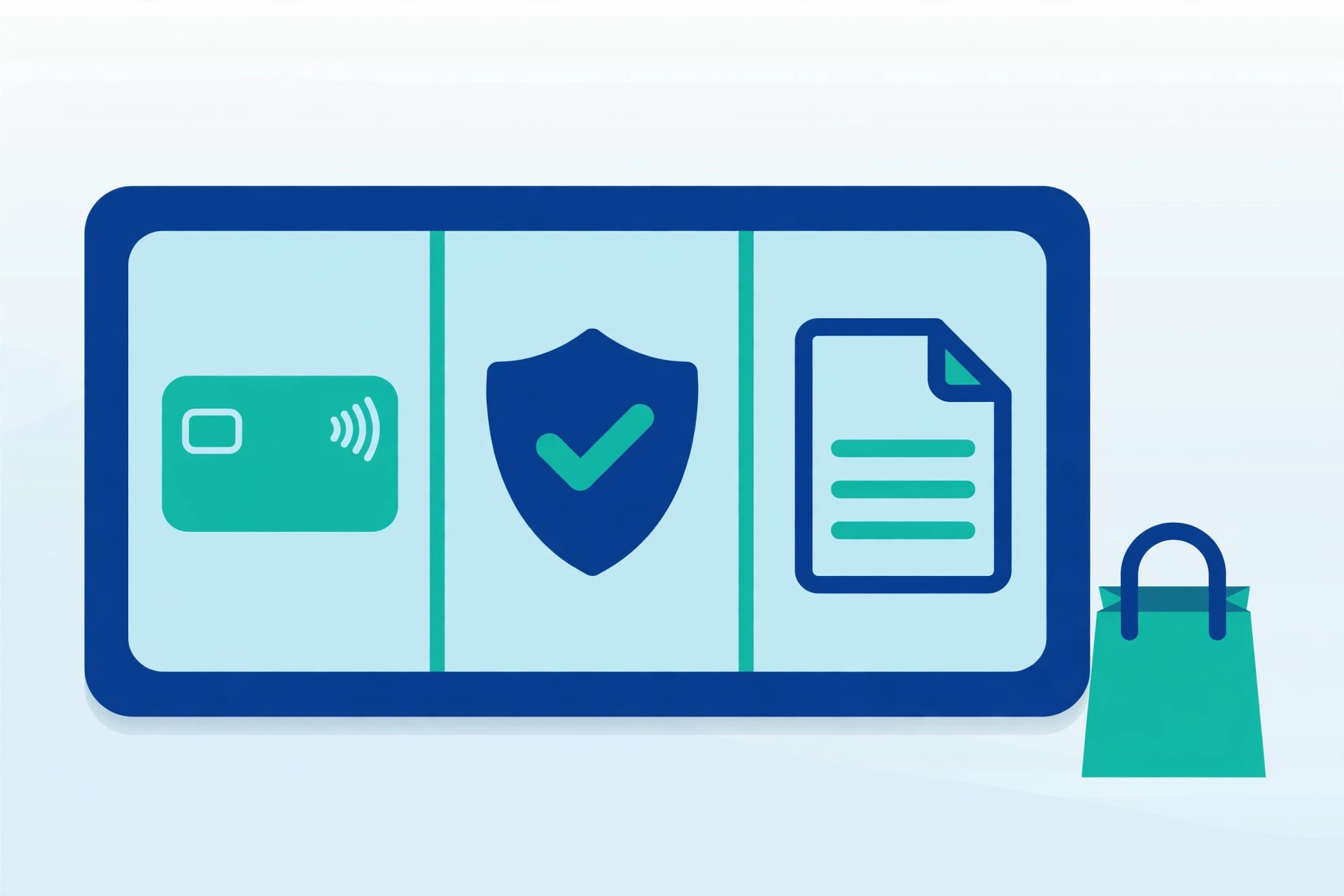 Illustration of a checkout screen with safe payment symbols, a card, a shield and a returns policy document