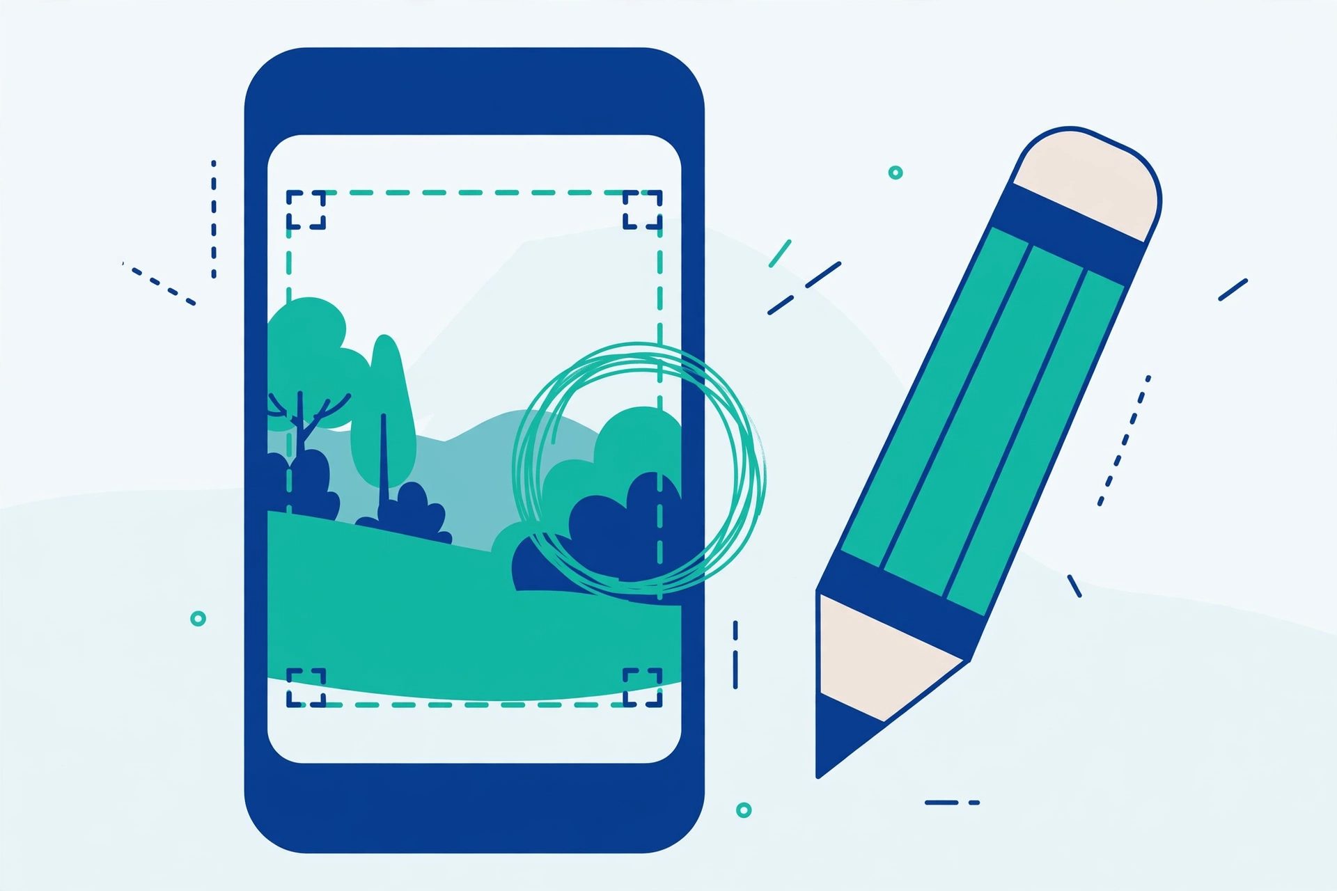 Illustration of a phone screenshot being edited with a crop frame and a circle drawn around one part of the screen