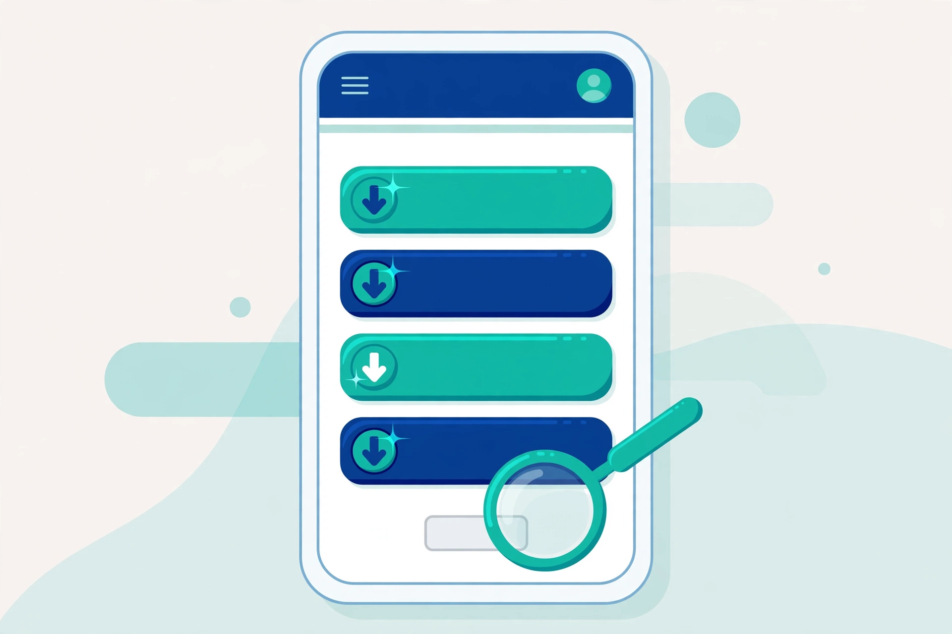 Illustration of a phone screen showing a web page with several big fake download buttons and one small real download link