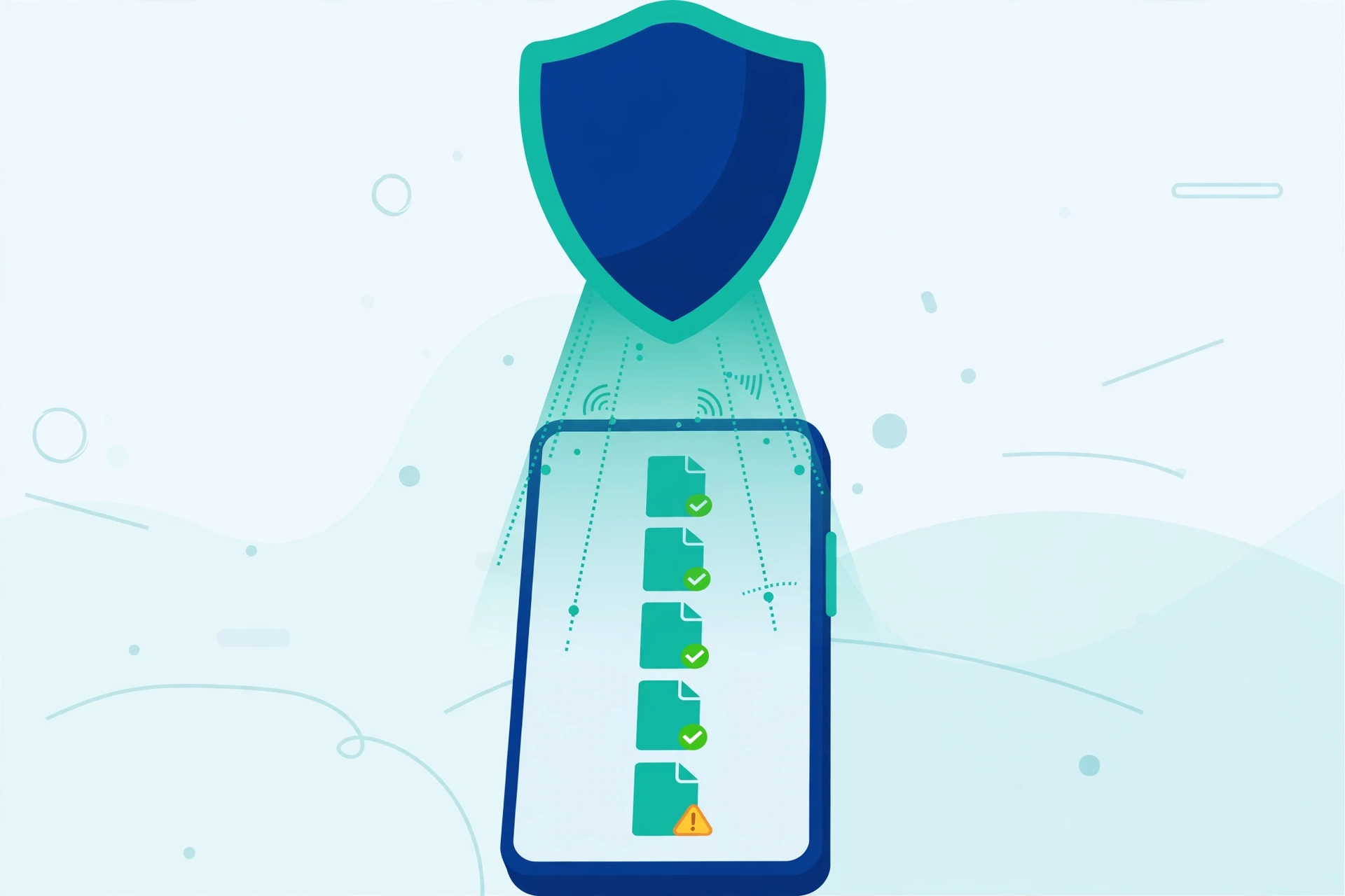 Illustration of a shield scanning a row of downloaded file icons on a phone, with one file icon marked by a warning sign