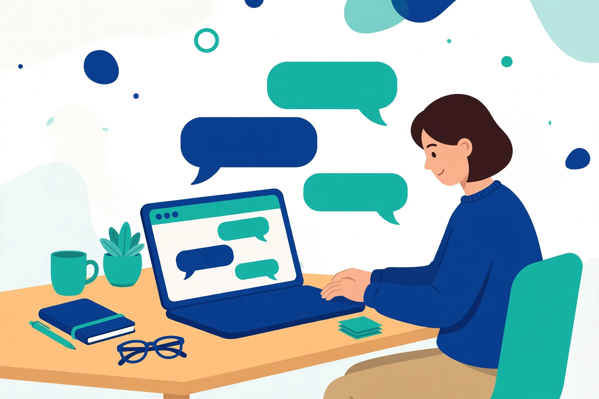 A friendly chatbot window on a laptop screen with a person typing a question