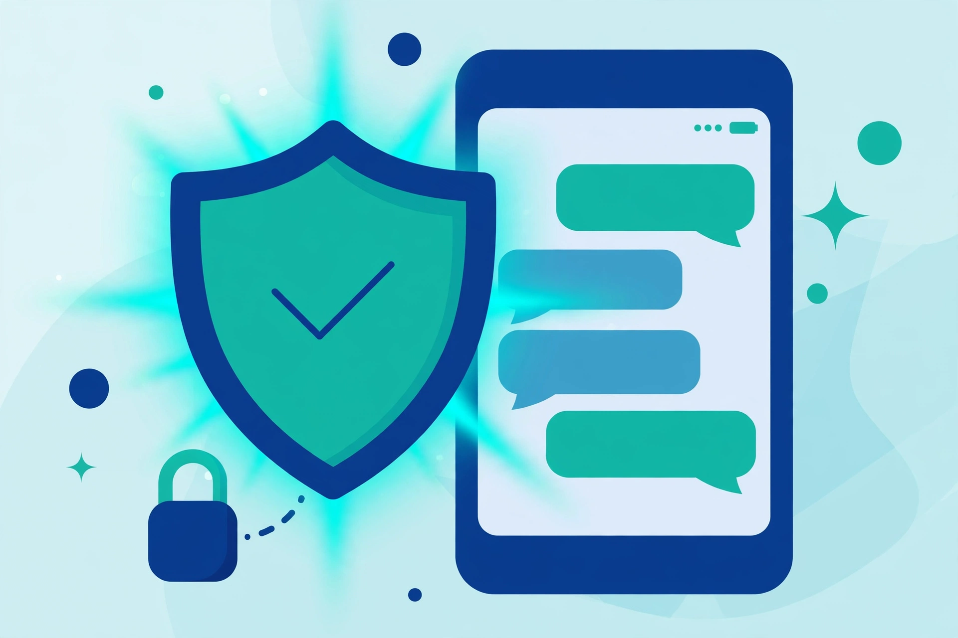 A shield icon protecting a chat window to show safe and private use of AI chatbots