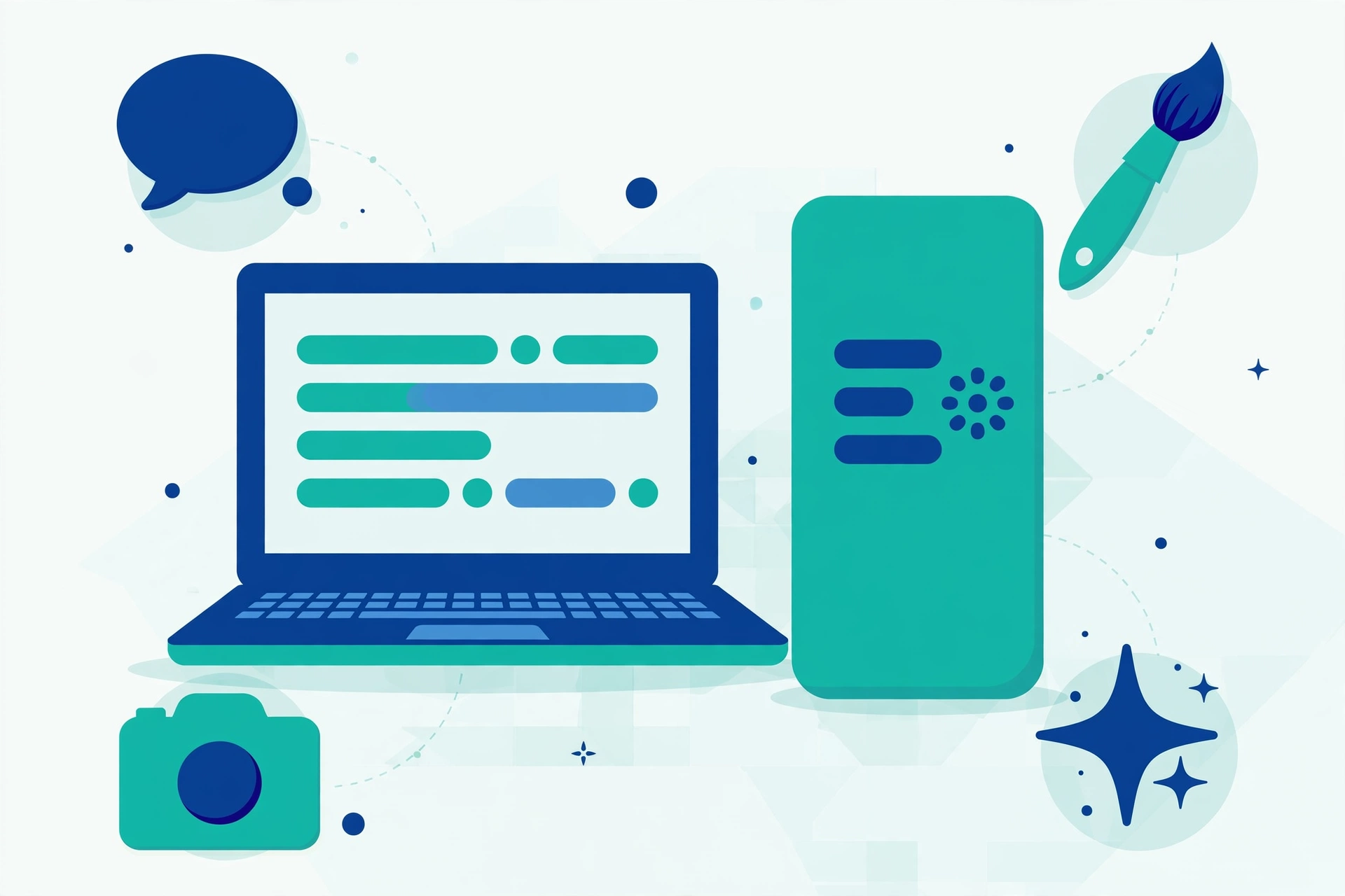 Illustration of a laptop and phone surrounded by friendly AI helper icons like a chat bubble, a paint brush and a camera