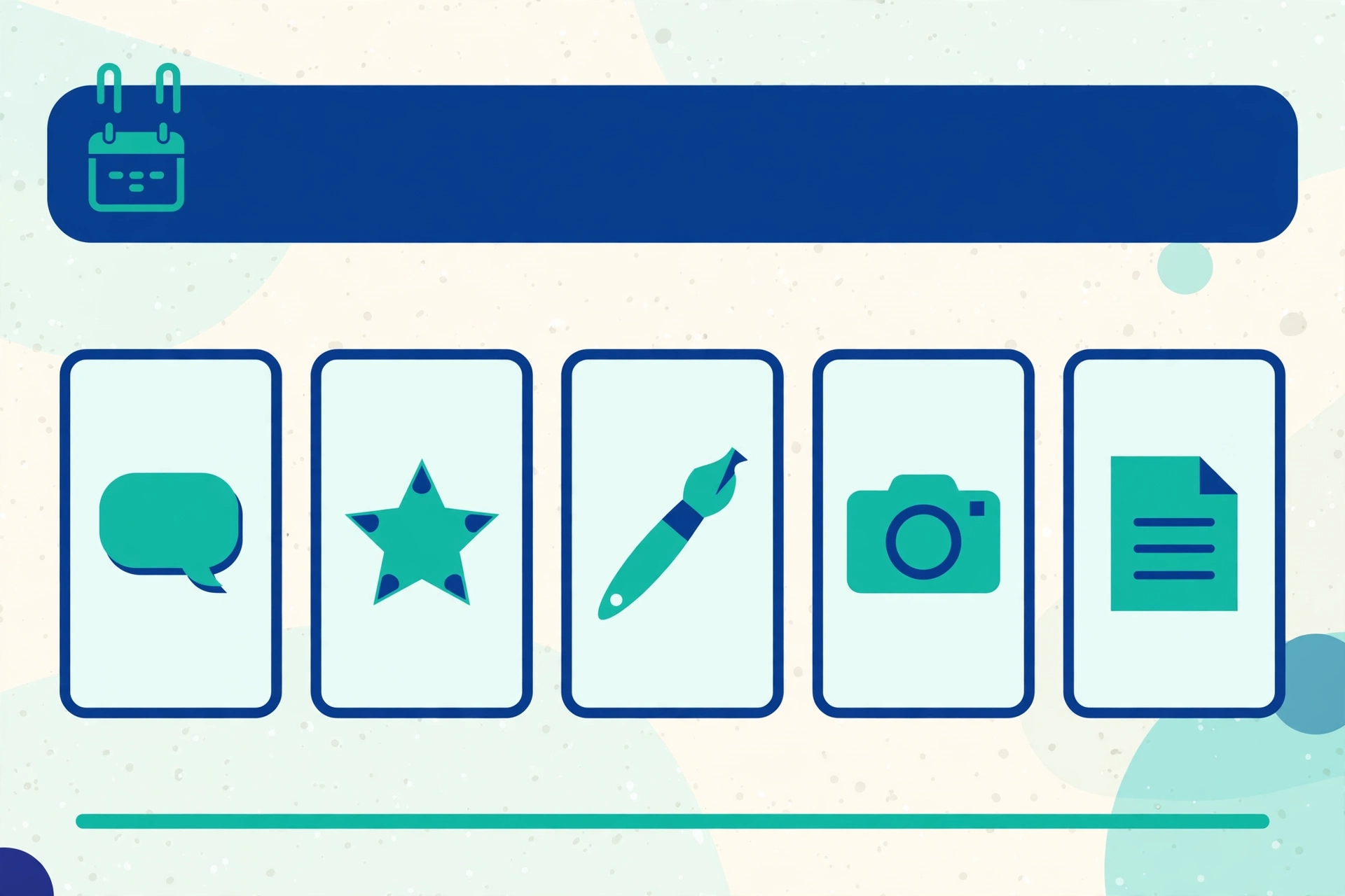 Illustration of a weekly calendar with five small icons, a chat bubble, a star, a brush, a camera and a document, one for each day
