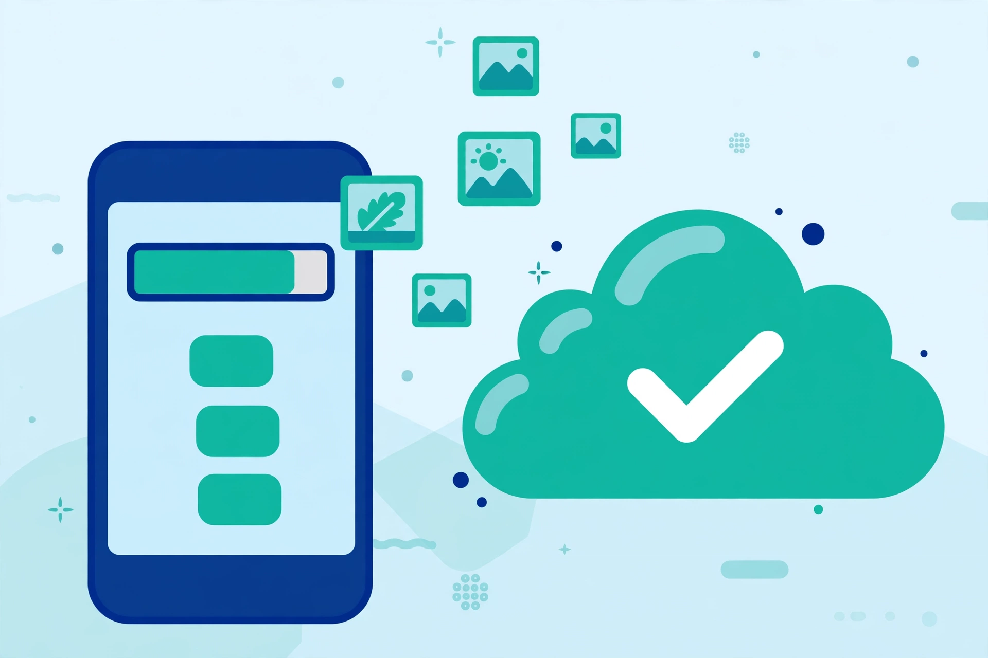 A smartphone with a nearly full storage bar next to a photo album being safely backed up to a cloud