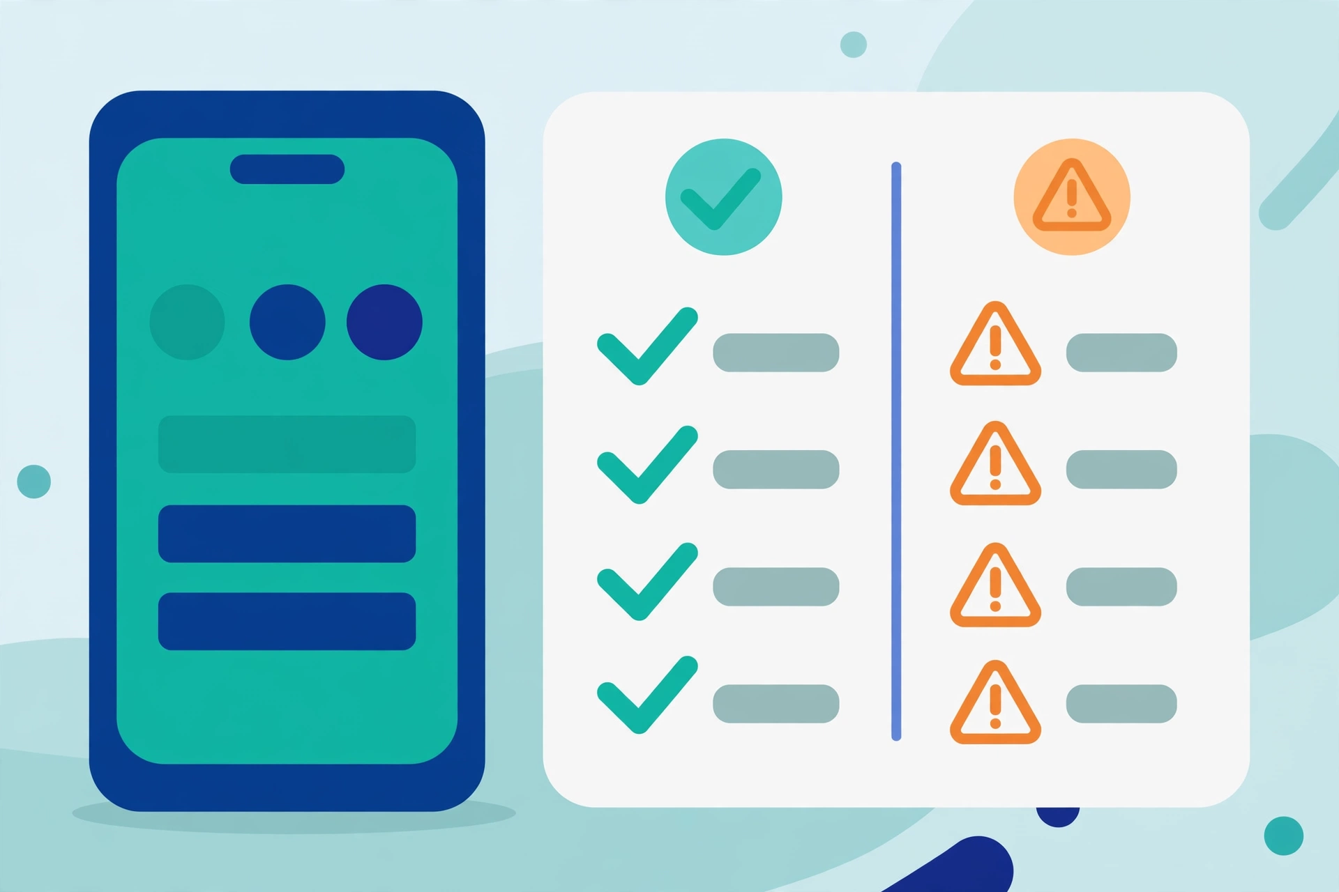 A phone screen with a checklist separating safe items with checkmarks from risky items with warning signs