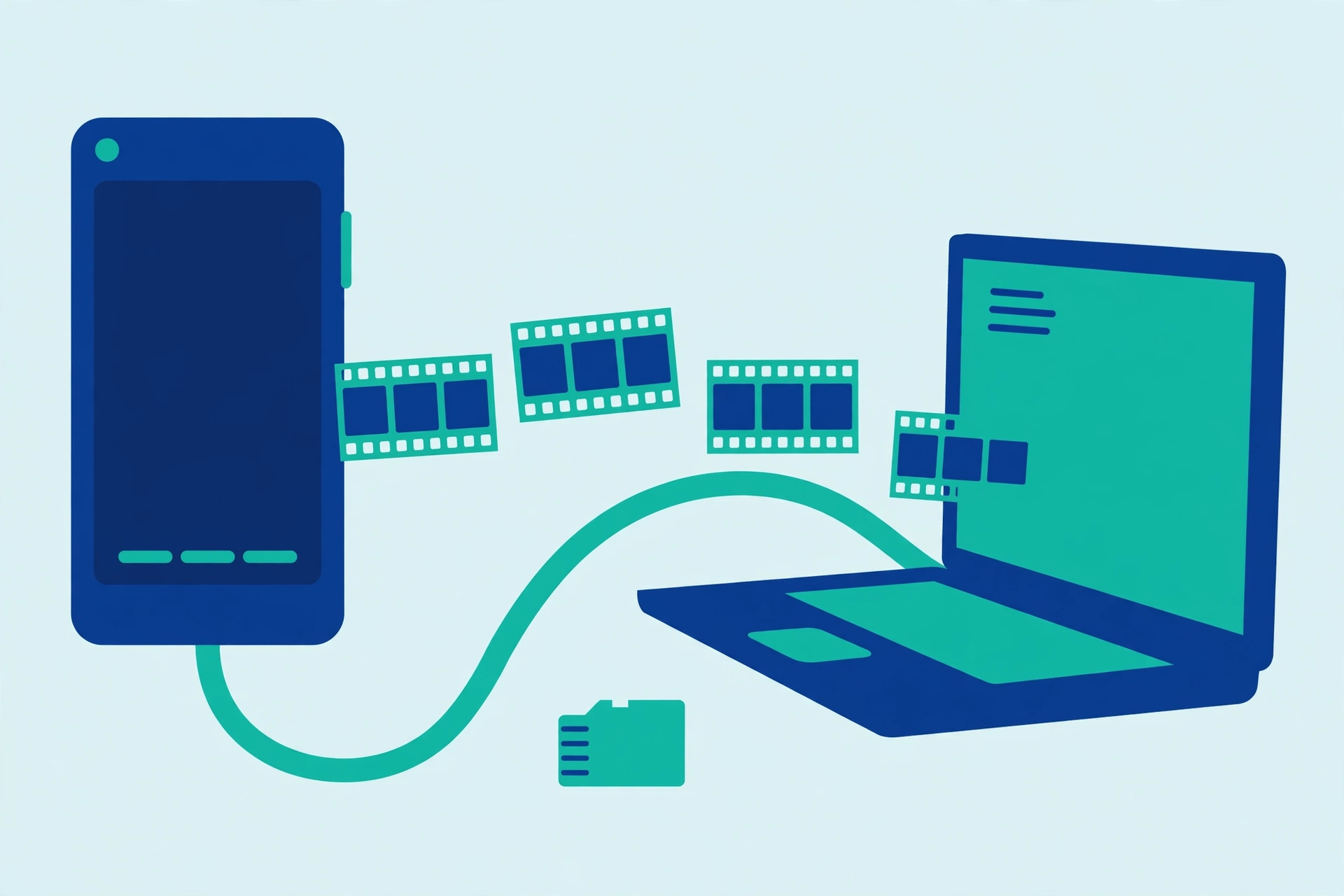 A phone connected to a laptop and a memory card with large video files moving across