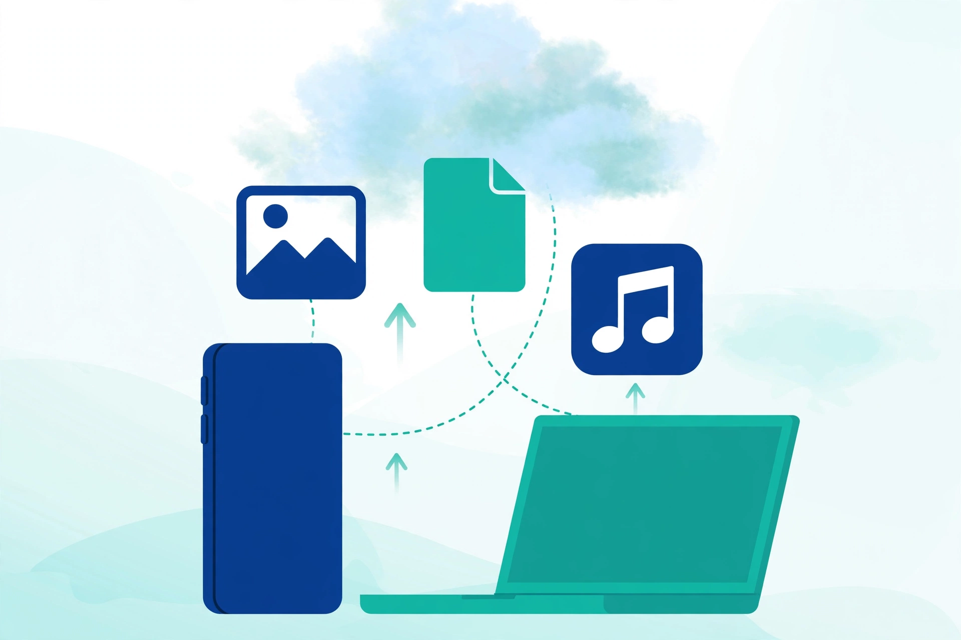 Files and photos travelling from a phone and laptop up into a friendly cloud