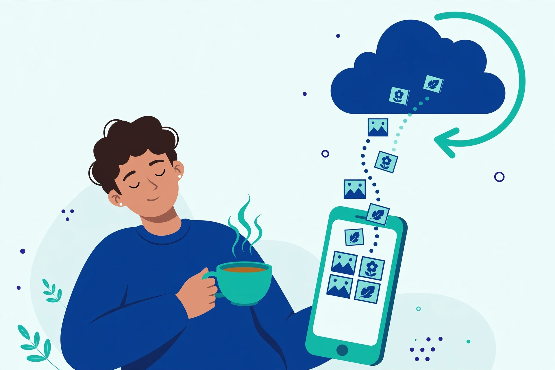 A person relaxing while photos automatically back up from a phone to a cloud in the background