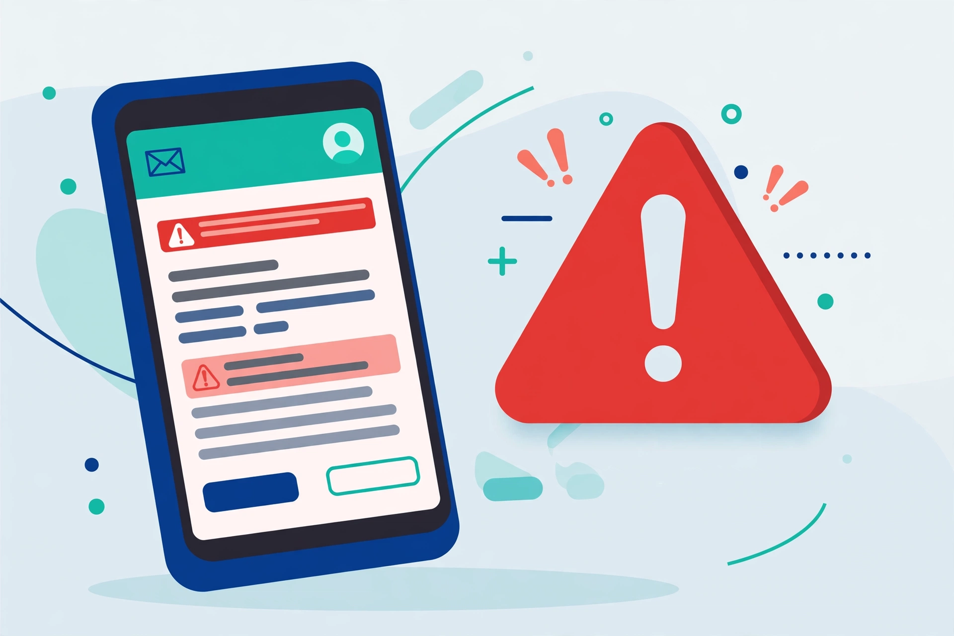 Illustration of a suspicious email on a phone screen with a warning sign, showing a fake bank message asking the user to click a link