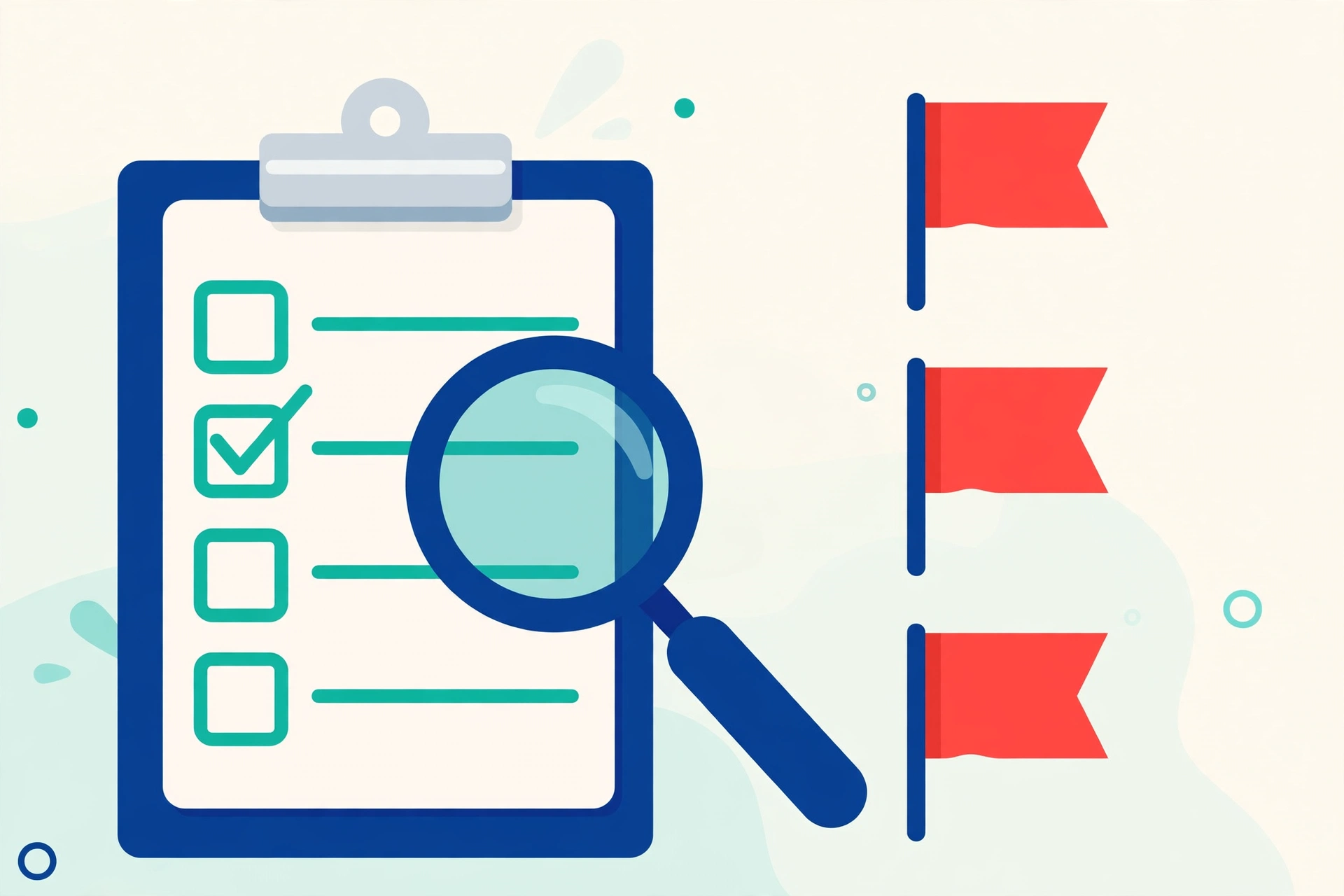 Illustration of a checklist with red flag warning icons, representing the warning signs of an online scam