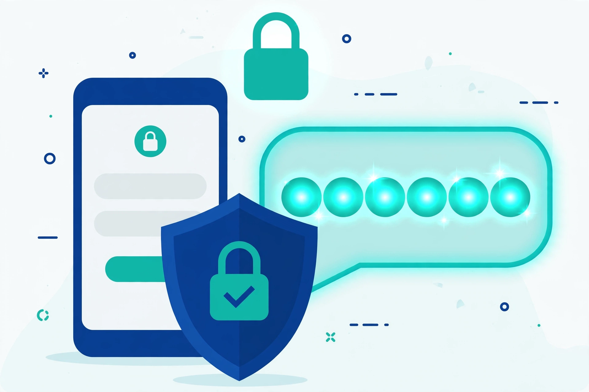 A smartphone login screen protected by a large shield and a glowing six digit code