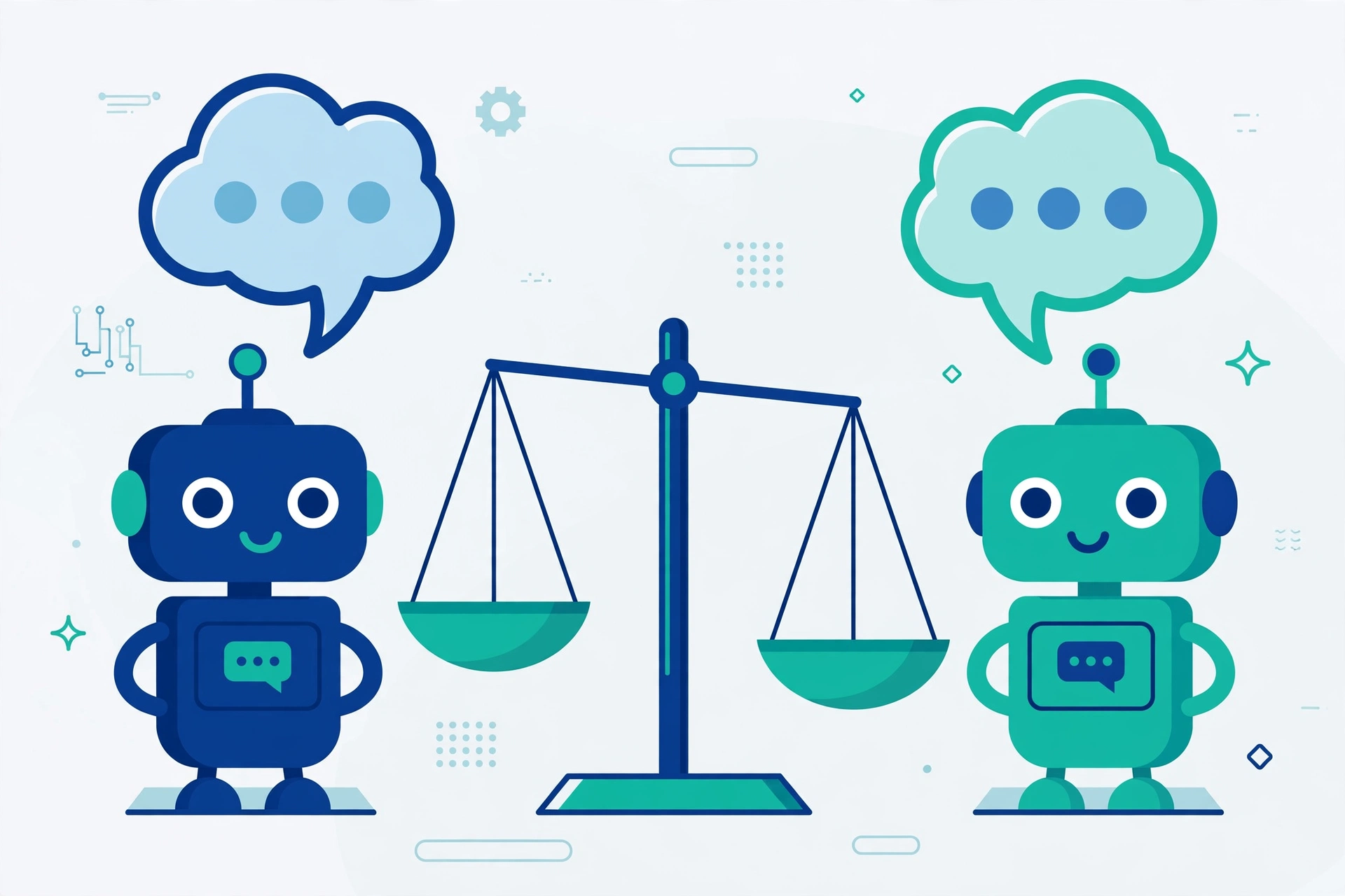 Two friendly robot assistants facing each other over a balance scale